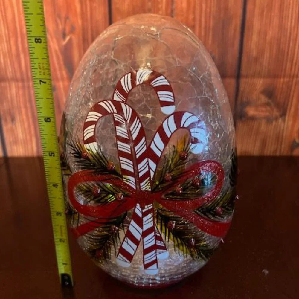 Cheerfull LED Light Up‎ Holiday Decor Candy Cane & Pinecone Crackle Glass Egg